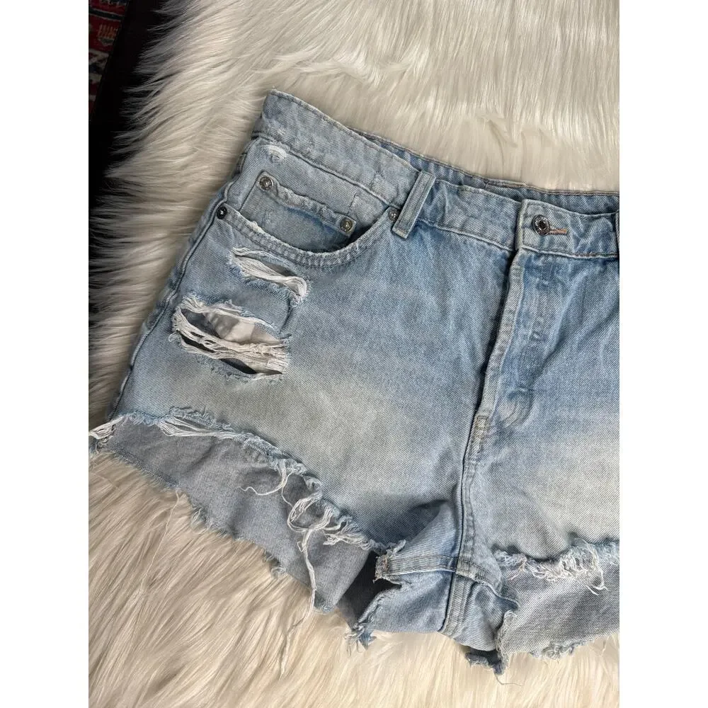 Zara Light Wash High Waisted Distressed Ripped Denim Cut Offs